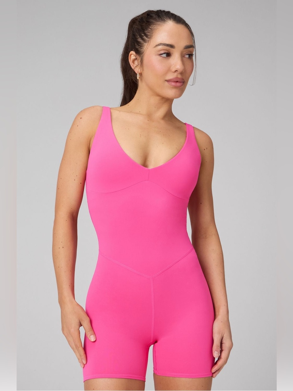 Fabletics PureLuxe TLC Romper One Piece Activewear Biker Shorts Pink Padded S
